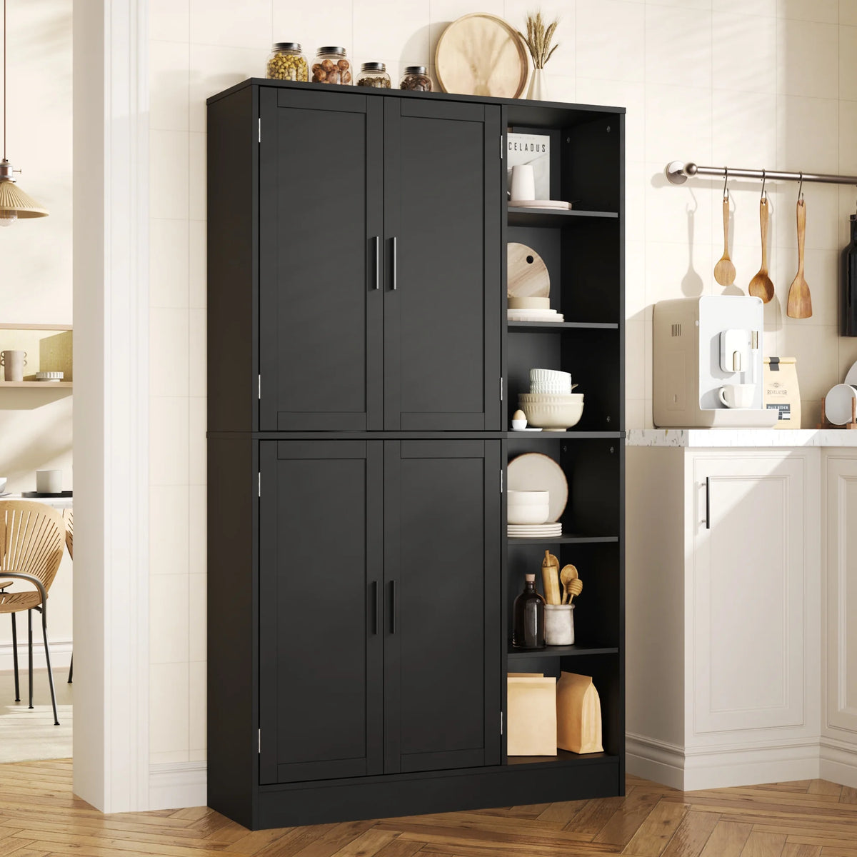 63" Tall Kitchen Pantry, Kitchen Pantry Cabinet with 4 Doors and Adjustable Shelves, Storage Cabinet for Dining Room, Laundry Room, Oak