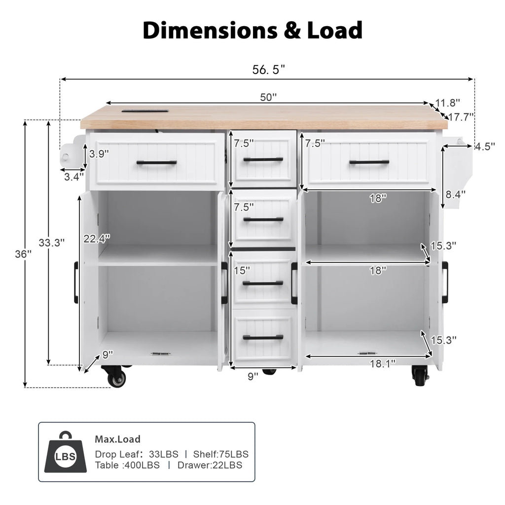Kitchen Island with Storage, Rolling Kitchen Island on Wheels with Charging Station, Kitchen Cart Island Table with Drop Leaf, Drawers, Cabinets, Spice Rack, Towel Rack, Black