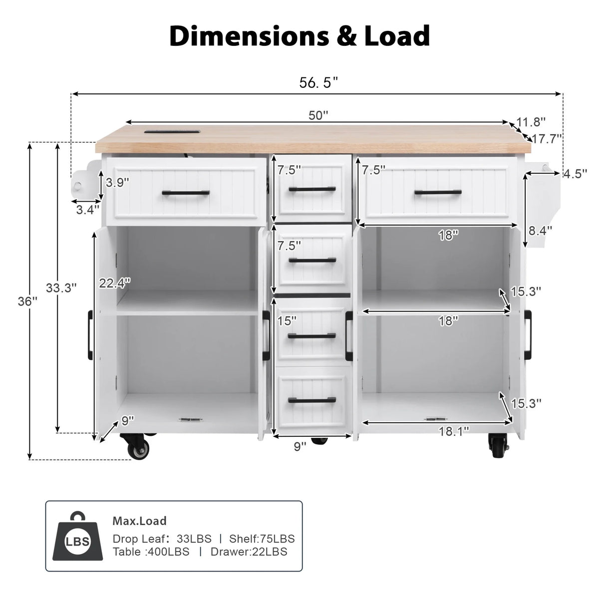 Kitchen Island with Storage, Rolling Kitchen Island on Wheels with Charging Station, Kitchen Cart Island Table with Drop Leaf, Drawers, Cabinets, Spice Rack, Towel Rack, Black