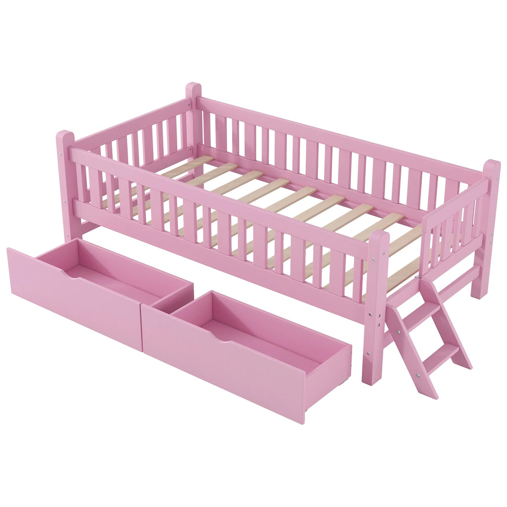Euroco Wood Twin Size Platform Bed with 2 Drawers and Ladder for Kids and Toddlers, White
