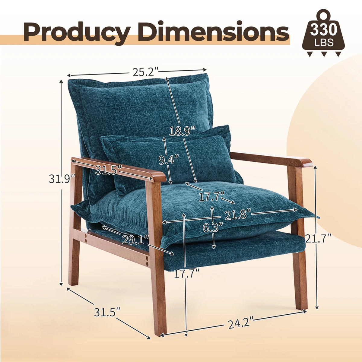 Ktaxon Chenille Accent Chair, Solid Wood Armrests Armchair, Metal Frame for Stability, Single Sofa with Comfortable Cushions and Lumbar Pillow Beige