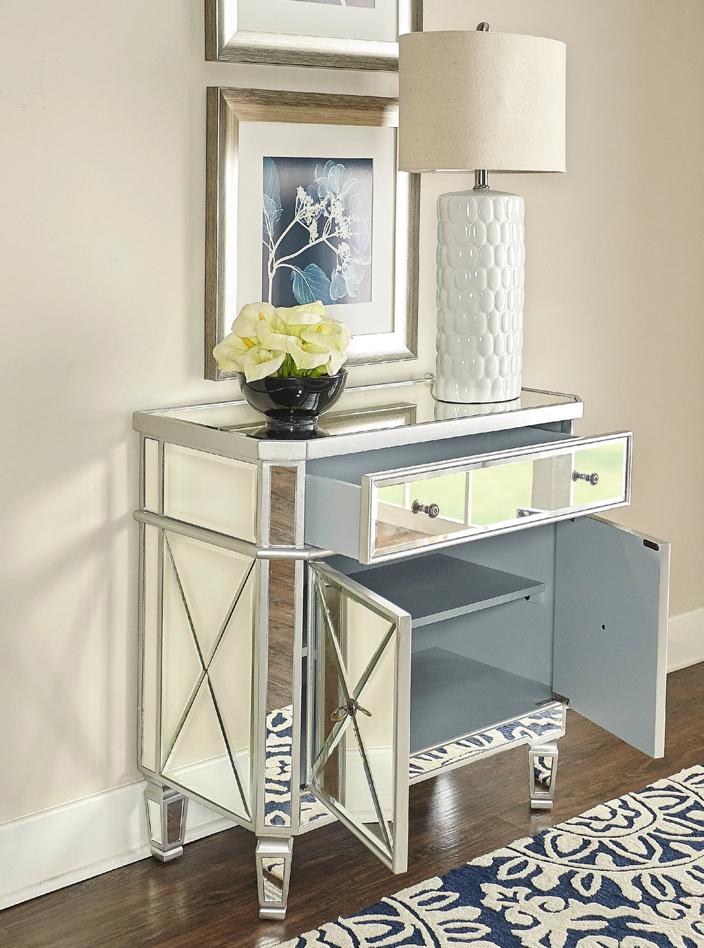 Powell Deville 2-Door Single Drawer Indoor Console Table with Shelves, Mirrored Surfaces and Luxe Silver Wood
