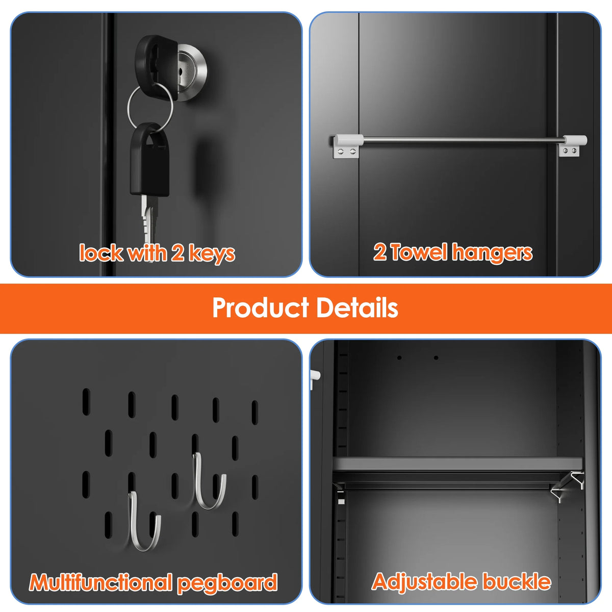 Aobabo 71.41''H Metal Garage Storage Cabinet with Lockable Doors and Hanging Rod,Broom Closet Storage Cabinet with Pegboard and Adjustable Shelves for Home Office School,Required Assembly,Black