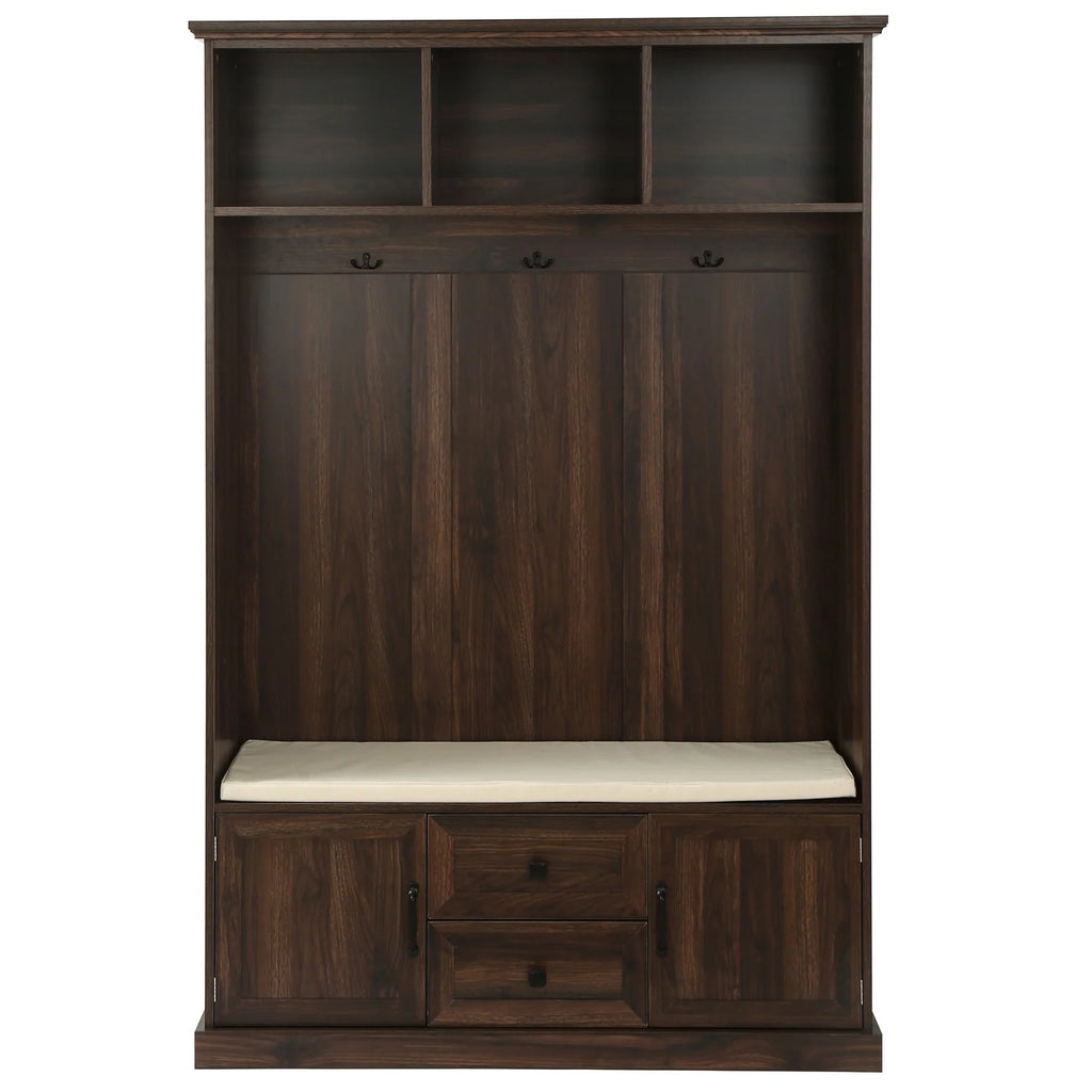 Triple Tree 3-in-1 Modern Wooden Tiger Entryway Bench Storage Cabinet Hall Tree