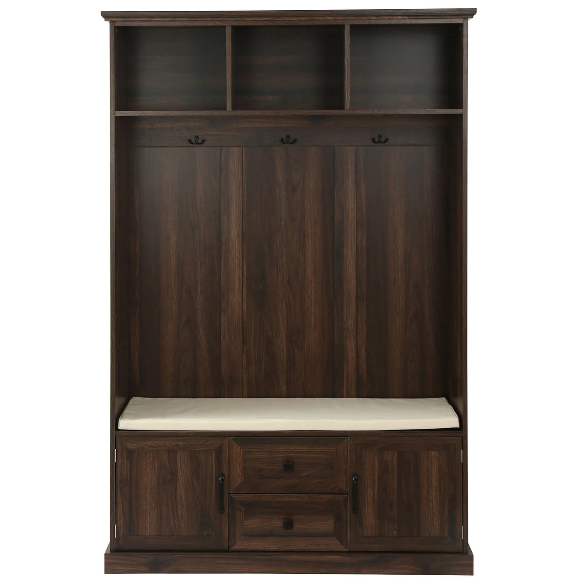 Triple Tree 3-in-1 Modern Wooden Tiger Entryway Bench Storage Cabinet Hall Tree