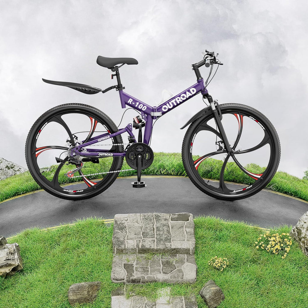 SUNCROWN 26 Inch Folding Mountain Bike, 21 Speed Full Suspension High-Carbon Steel MTB Foldable Bicycle, Dual Disc Brake Non-Slip Folding Bikes for Adults/Men/Women, Black