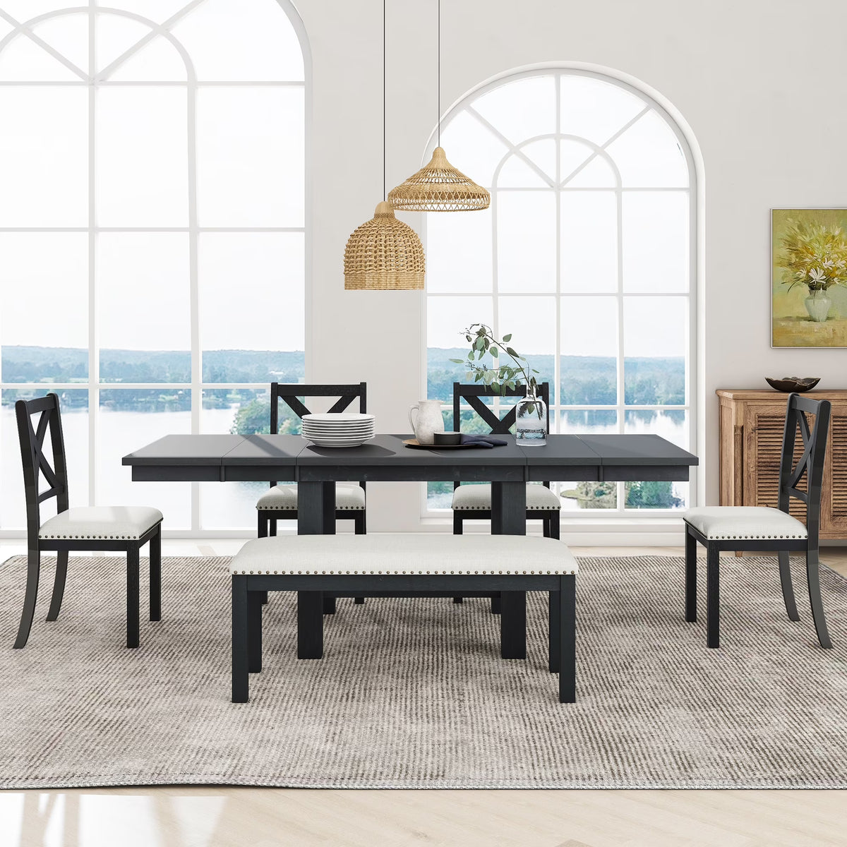 6 Piece Extendable Dining Table Set, Atumon Wood Dining Room Set for 6, Dining Table Set with 4 Beige Cushioned Chairs and Bench, Farmhouse Dining Table Set Furniture for Kitchen Dining Room, Natural