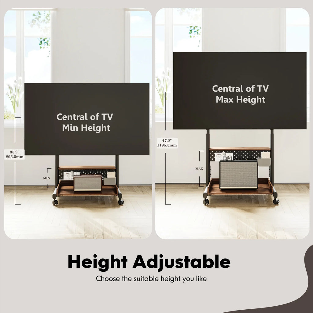 FITUEYES Rolling TV Stand with Wheels for 40-85 inch TVs, Height Adjustable Mobile TV Stand TV cart with Wooden Large Storage,White