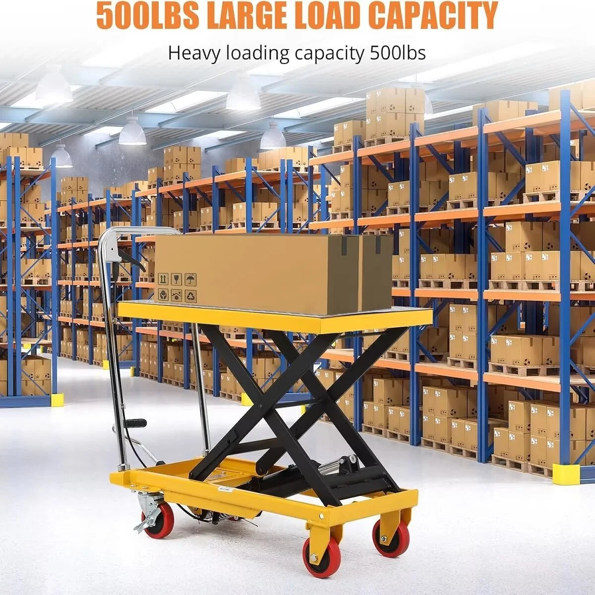 Hydraulic Lift Table Cart, 500lbs Capacity 59" Lifting Height, Single Scissor Lift Table Cart with 4 Wheels and Non-Slip Pad, Manual Elevating Cart for Material Handling Transportation