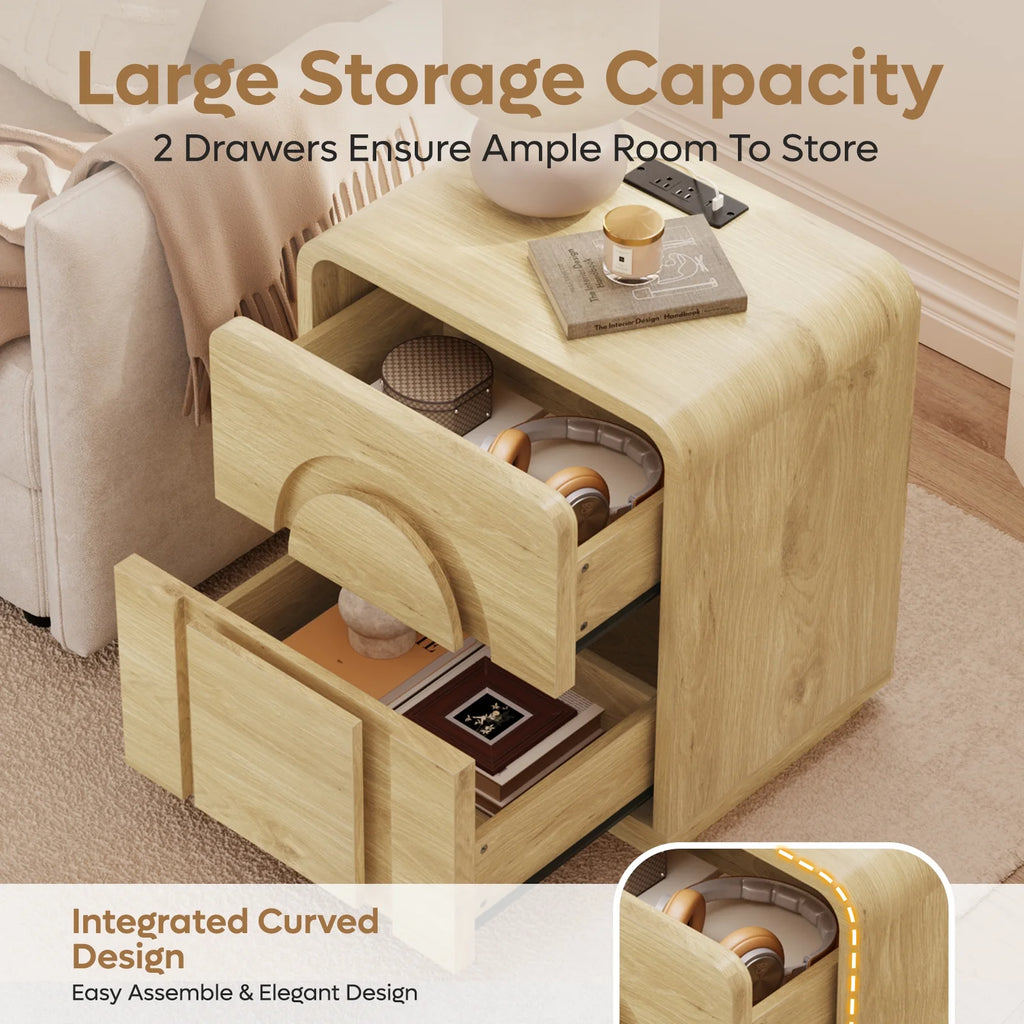 Bestier Nightstands Set of 2 with Charging Station, Modern Bedside Table End Table with Storage Drawer & Open Shelf for Bedroom Living Room Dorm Office, Natural