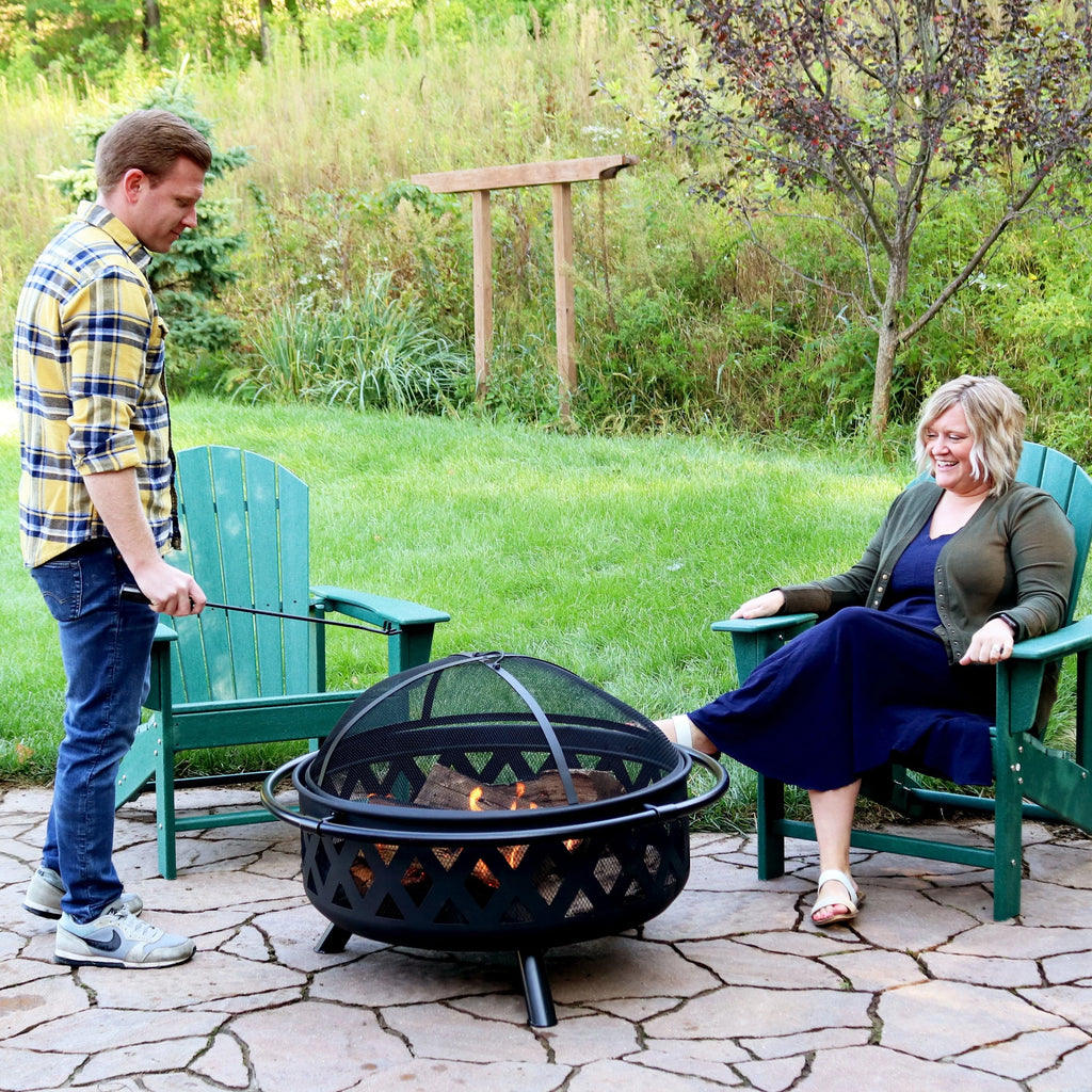 Sunnydaze Outdoor Camping or Backyard Round Crossweave Cut Out Fire Pit with Spark Screen, Log Poker, and Cover - 36"