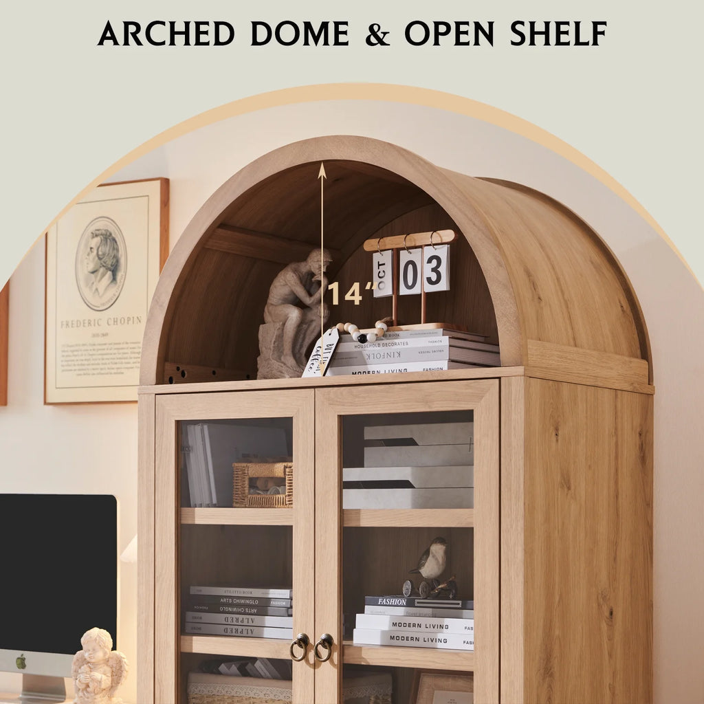 IFGET 71-Inch Arched 4-Tier Bookcase with Glass Doors and Drawers