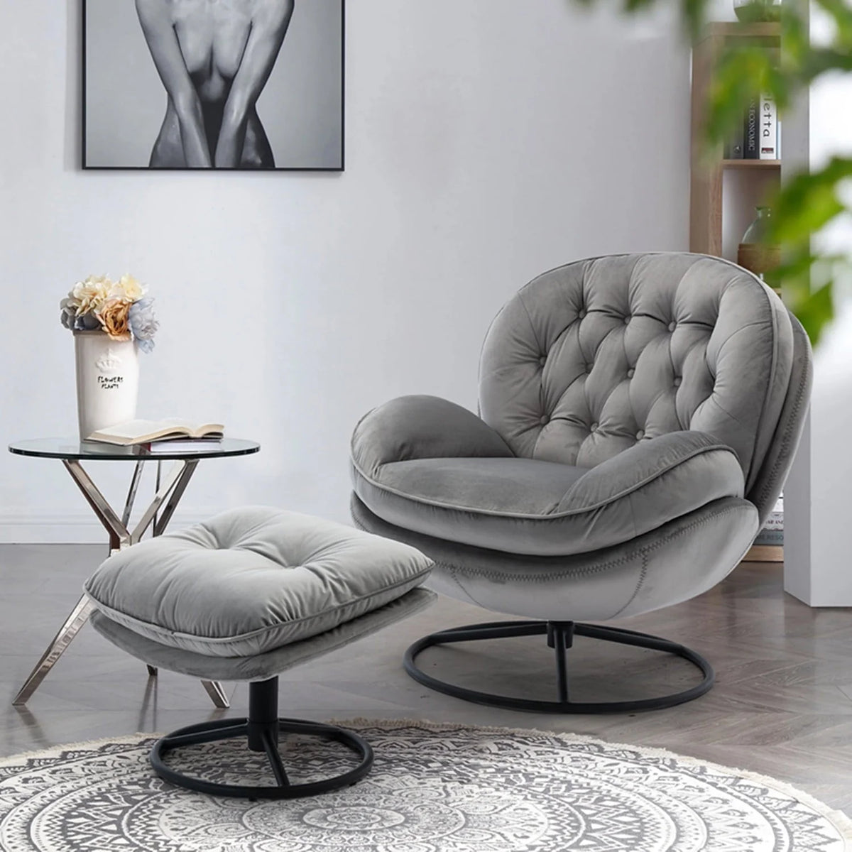 Velvet Swivel Accent Chair with Ottoman Set, Modern Lounge Chair with Footrest and Metal Base Comfy Armchair with 360 Degree Swiveling Single Sofa Chair Accent Chairs for Living Room, Green