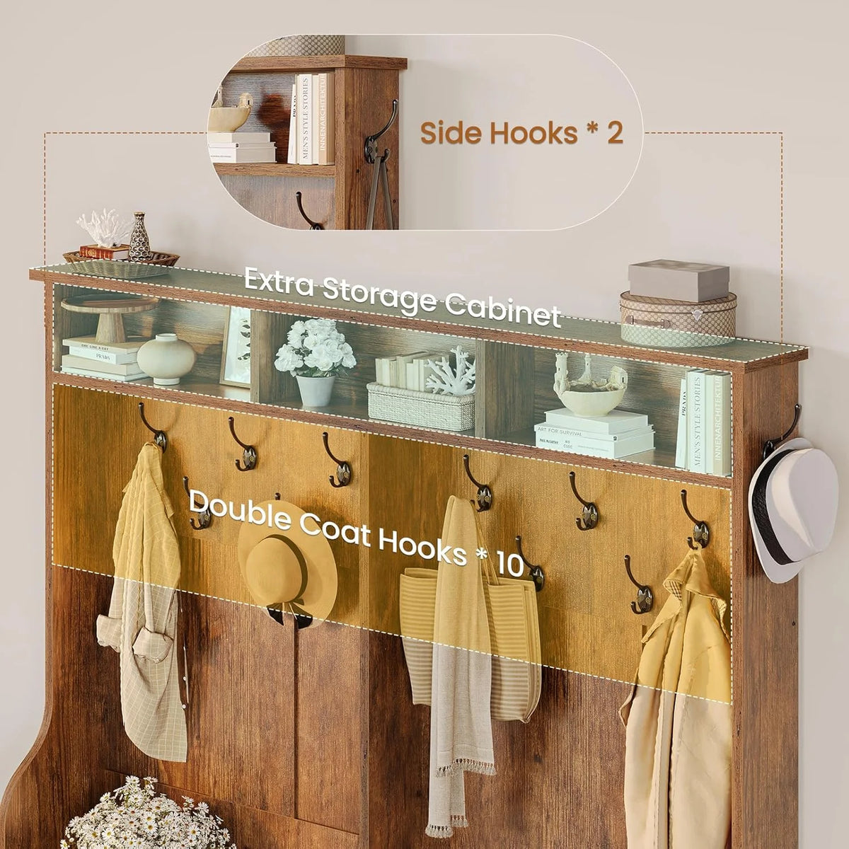 Hall Tree with Coat Rack and 16 Shoe Cubbies, 5-in-1 Entryway Bench with Bench and Shoe Storage, Barn Door & Adjustable Shelf, Embossed White