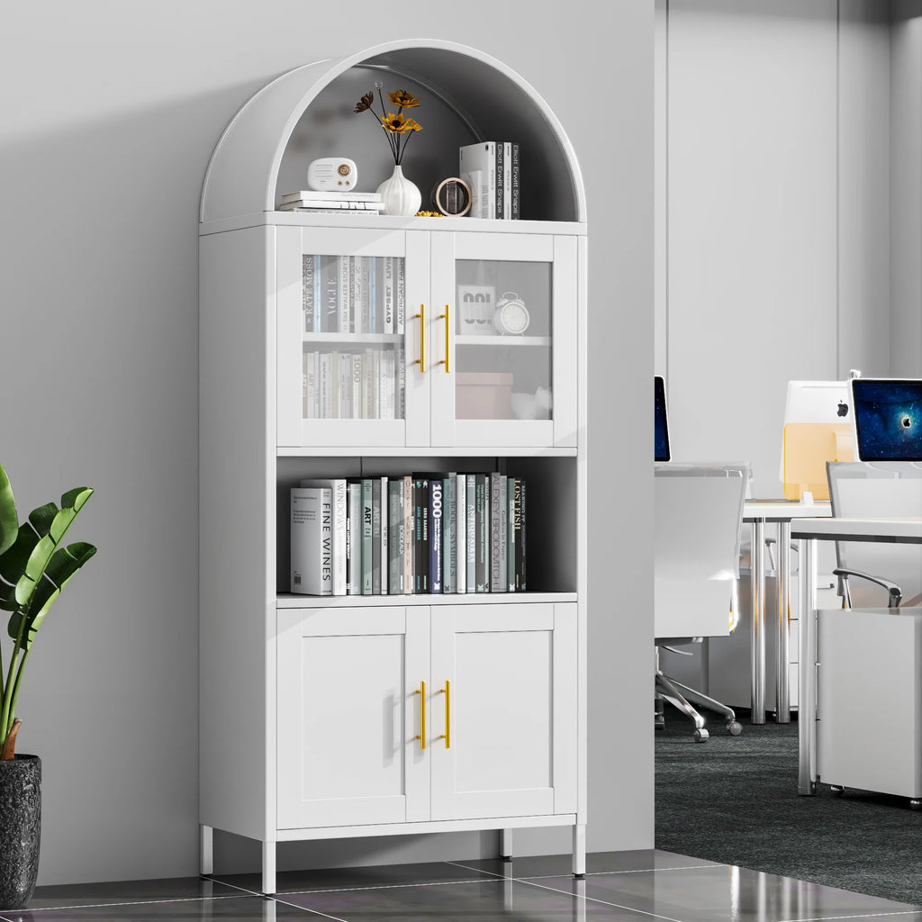 SUPEER Metal Arched Storage Display Cabinet with Glass Doors and Adjustable Shelves, Lockable Cabinet, Assembly Required, Black