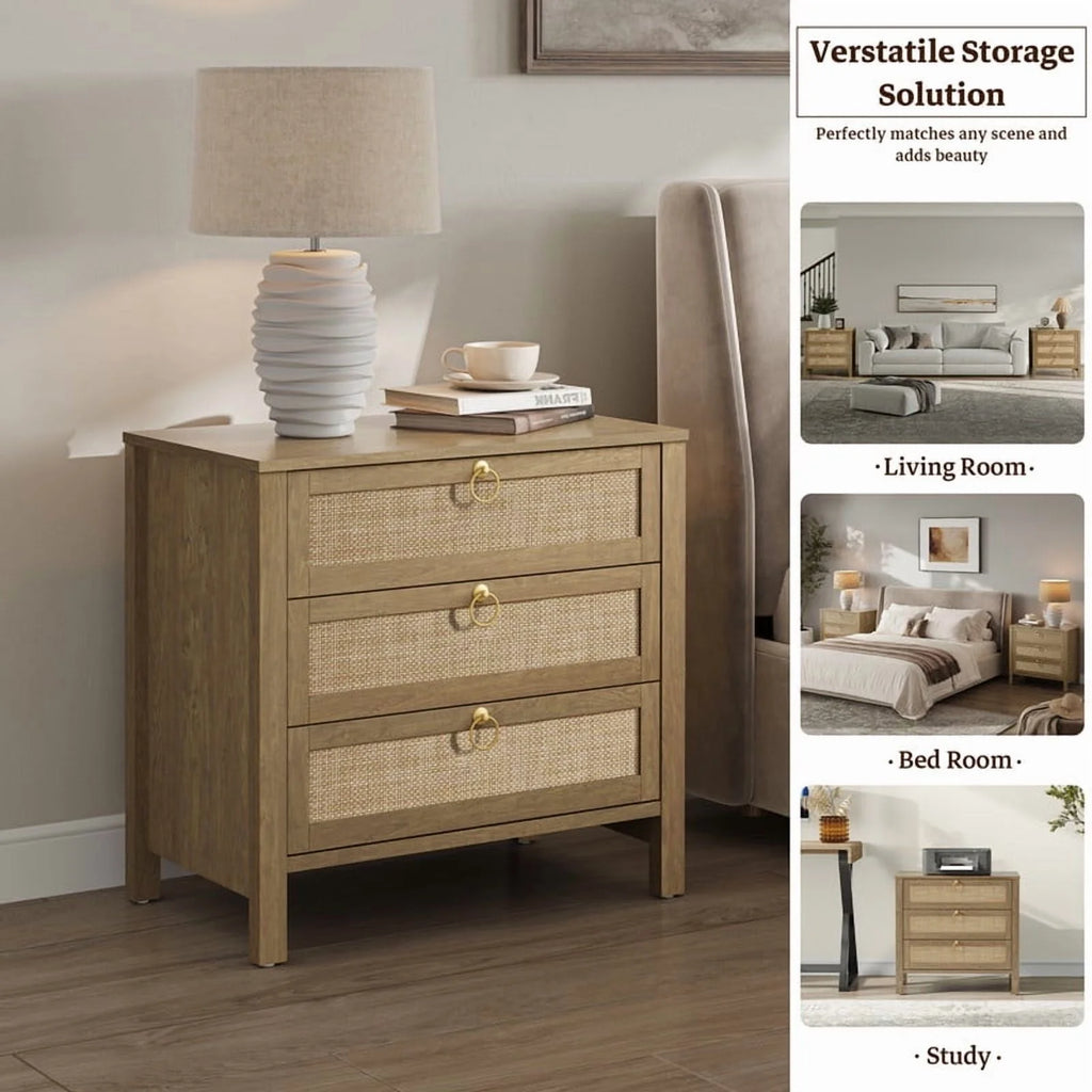 Surmoby Oak Boho 3-Drawer Nightstand Set of 2 - Extra Wide Storage Night Stand with Gold Handles Large&Tall Bed Side Table for Bedroom Living Room Enterway