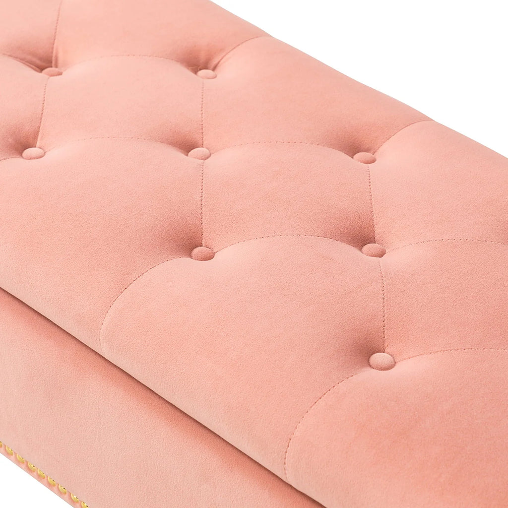 14 Karat Home Velvet Storage Ottoman Bench Gold Leg Upholstered Nailhead Trim Button Tufted Footstool Entryway Bedroom Living Room Pink