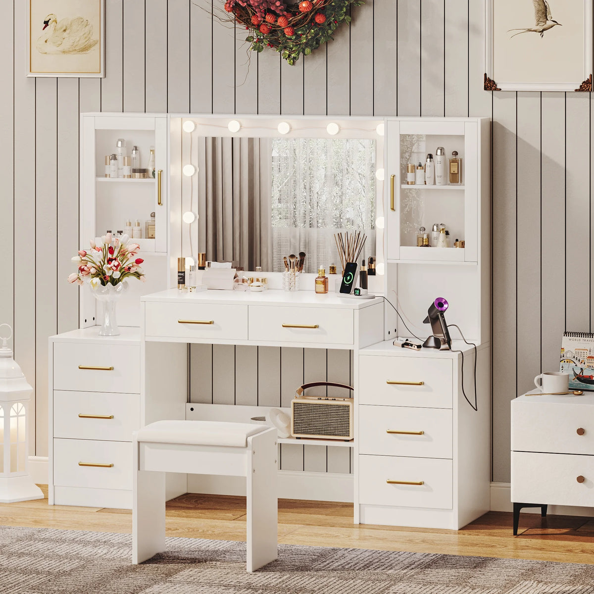 UGTOO 58.3" White Vanity Desk with Mirror, Adjustable Lighting, Power Outlet, Drawers, with Stool