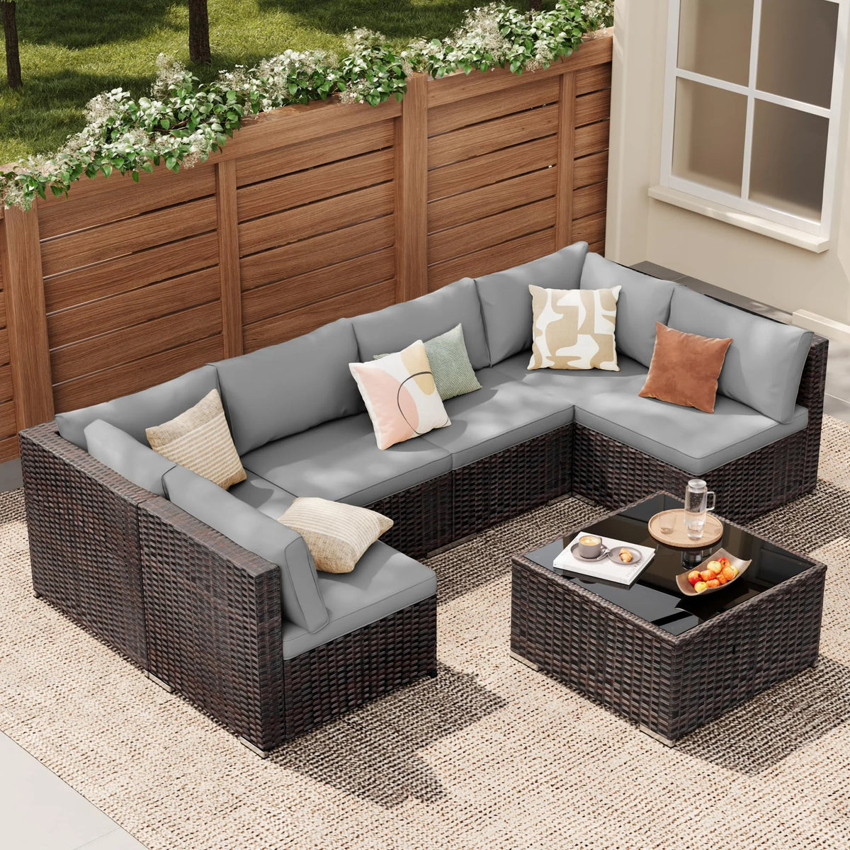 Patio Furniture Set Clearance, Lofka 5 Piece Outdoor Sectional Furniture Chair Set with Cushions and Tea Table, Gray