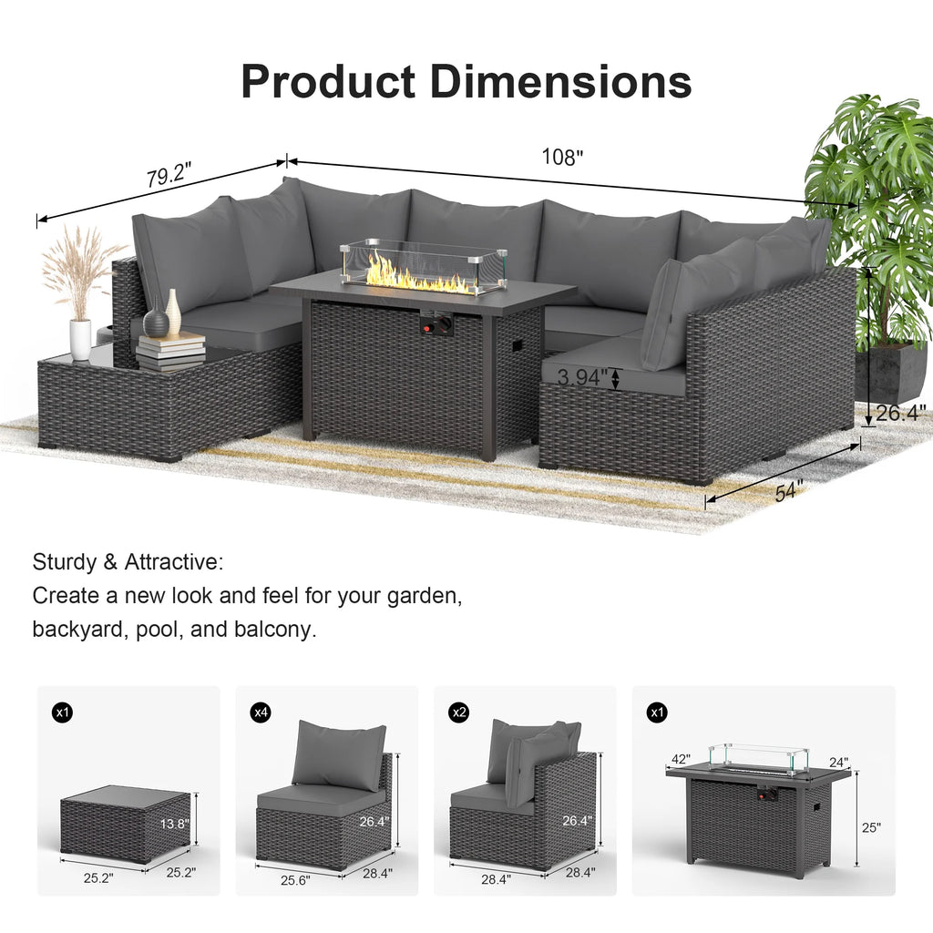 8 Piece Patio Furniture Set with 42" Propane Gas Fire Pit Table with Coffee Table,Blue