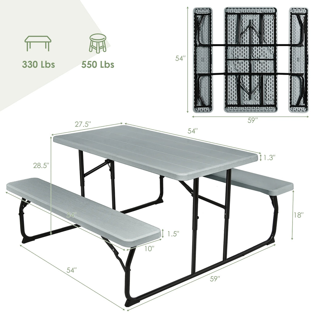 Costway Indoor & Outdoor Folding Picnic Table Bench Set w/ Wood-like Texture Grey