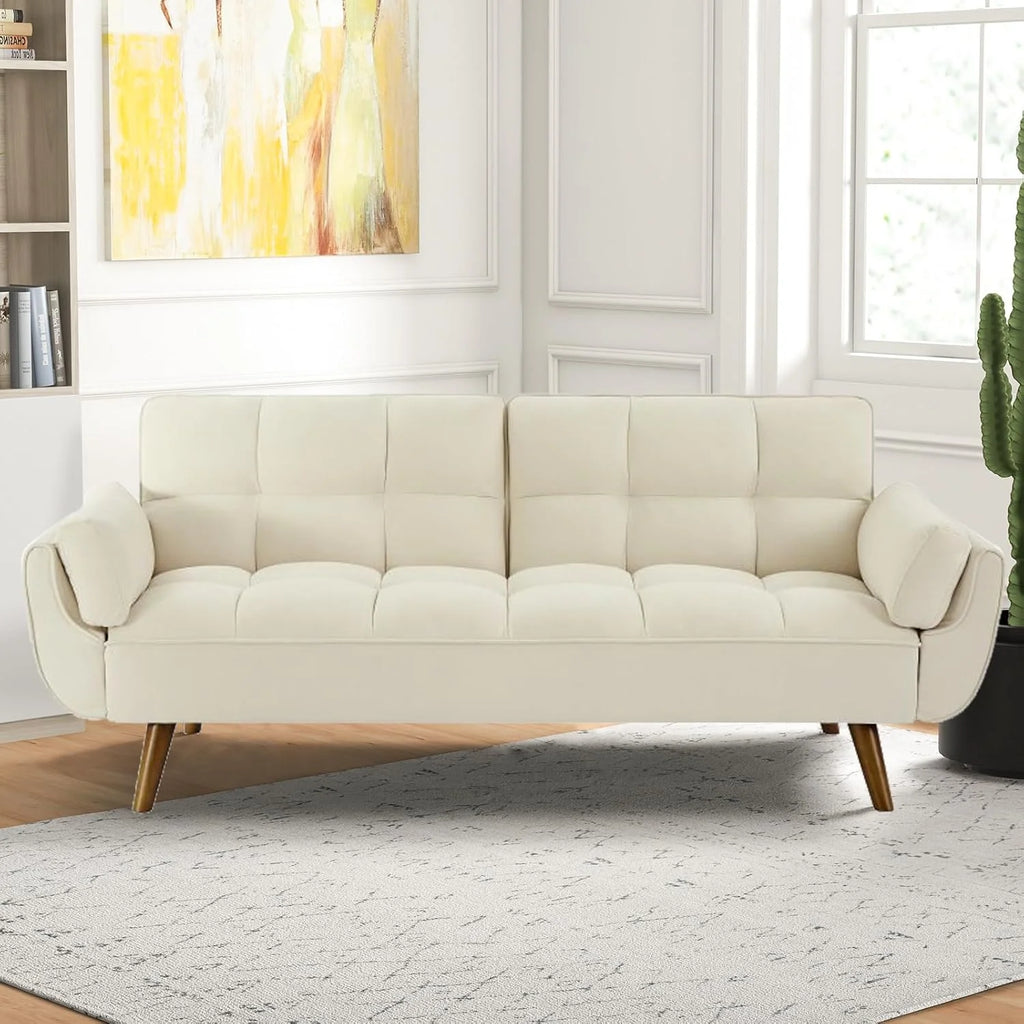 Mydepot Convertible Futon Sofa Bed, Adjustable Couch Sleeper Modern Fabric Recliner Reversible Loveseat Folding Daybed Guest Bed, Armrests, Yellow