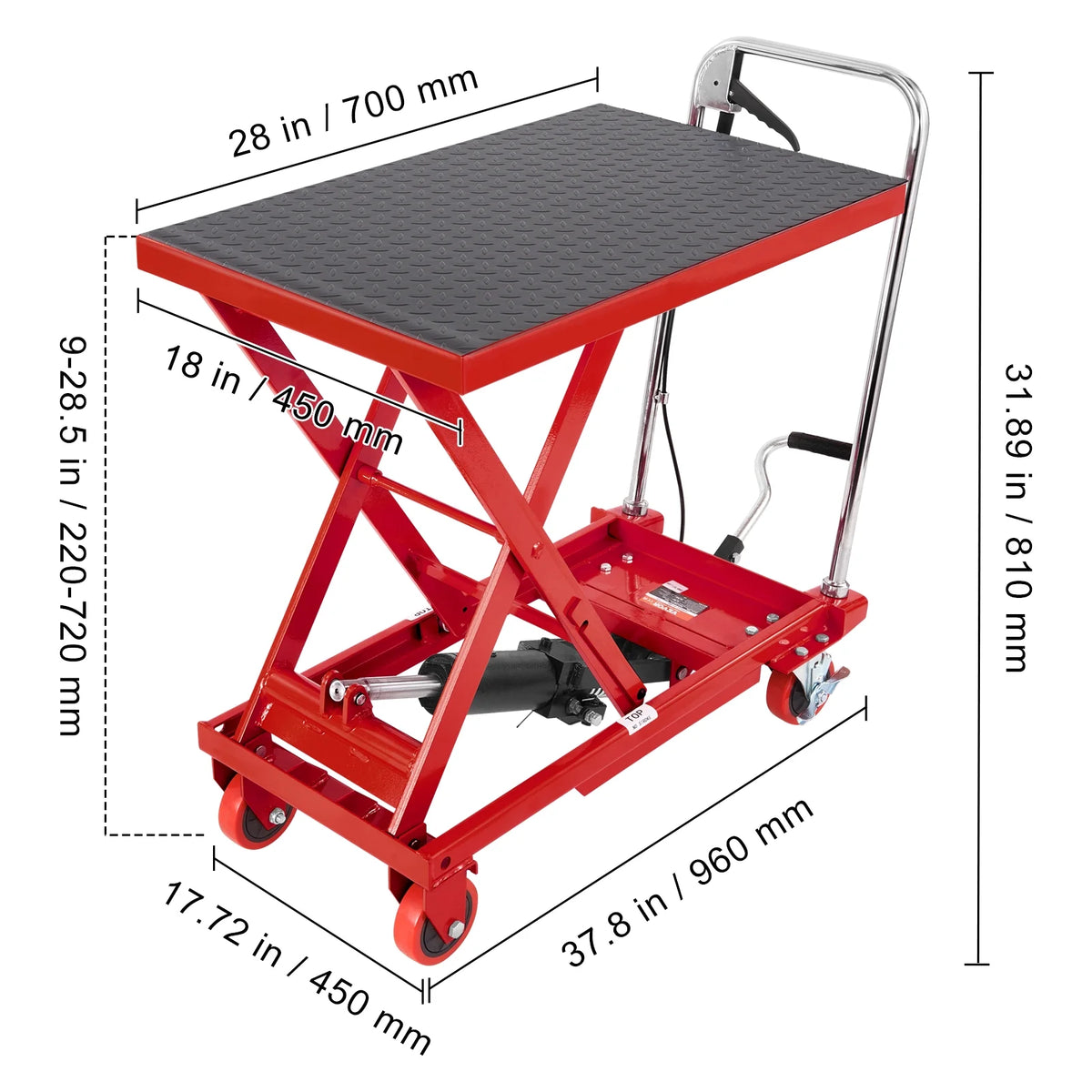 VEVOR Hydraulic Lift Table Cart, 500lbs Capacity 28.5" Lifting Height, Manual Single Scissor Lift Table with 4 Wheels and Non-slip Pad, Hydraulic Scissor Cart for Material Handling, Red
