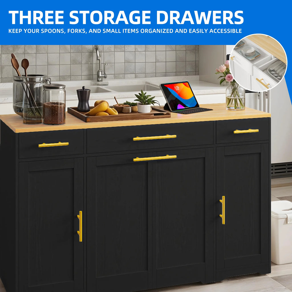 DEXTRUS Kitchen Island Table with Drawers & Doors, Storage Cart with Cabinet for Double 10-gal Trash Bin, White