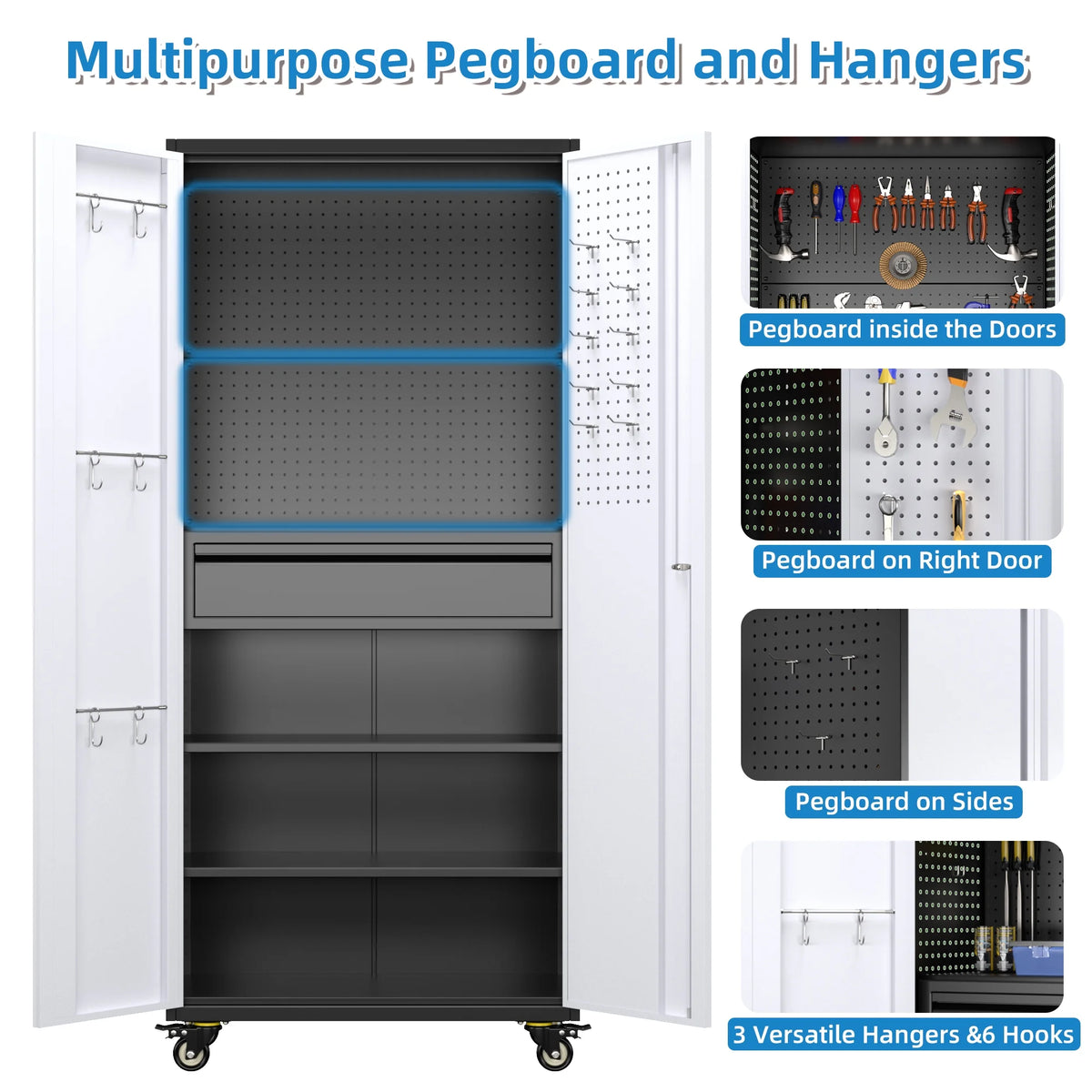 SUPEER 71" Metal Storage Cabinets with Wheels and Pegboards, Industrial Cabinet with 2 Drawers and 2 Adjustable Shelves,, Assembly Required