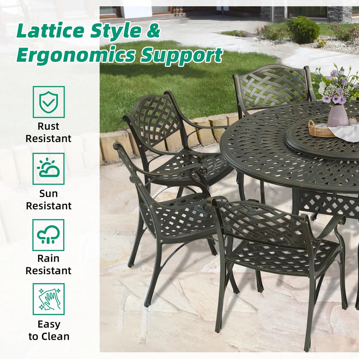 VIVIJASON 9-Piece Patio Dining Set, Rust-Free Cast Aluminum Outdoor Furniture Set, 8 Patio Dining Chairs and 61" Round Dining Table with 31" Lazy Susan, Umbrella Hole for Backyard, Patio, Garden