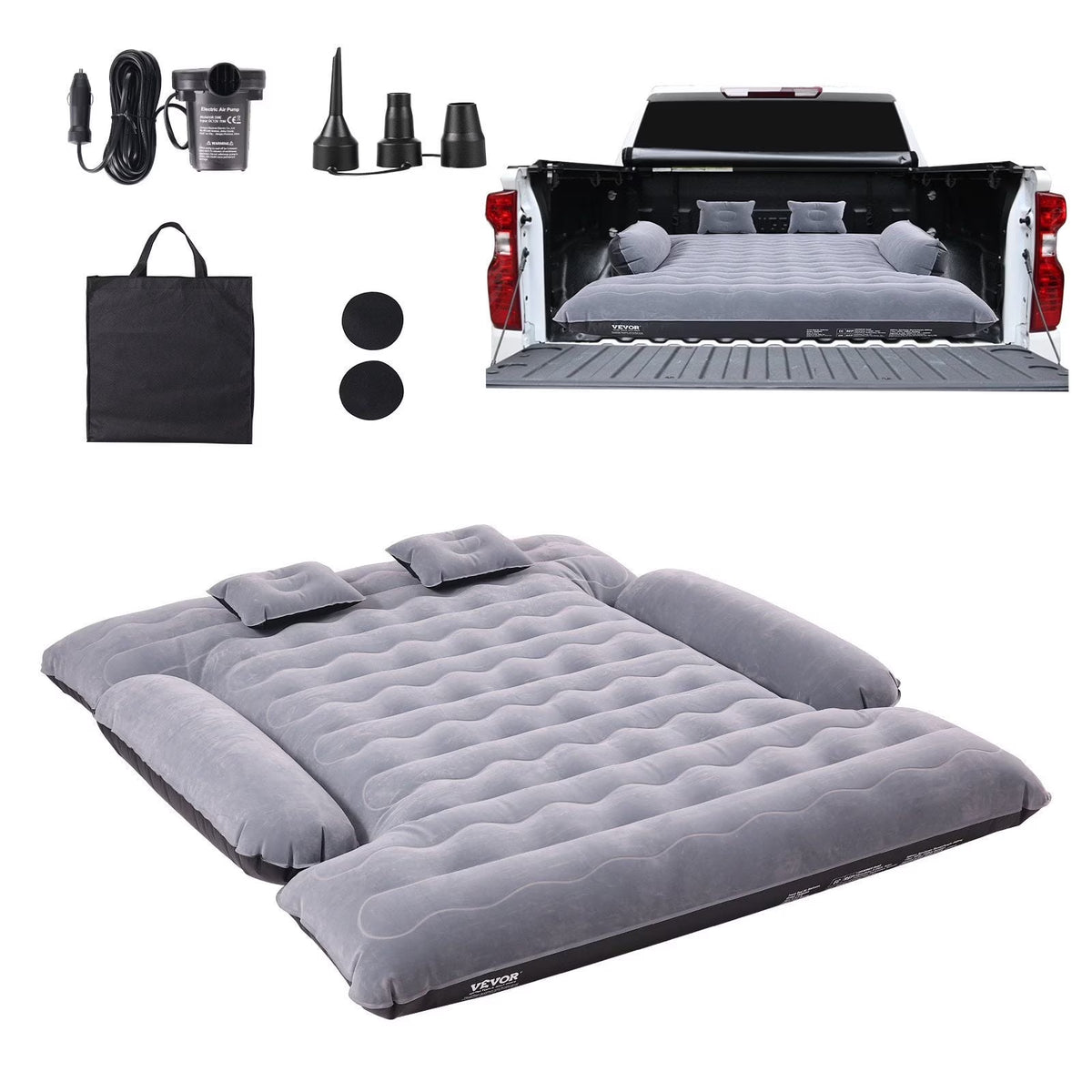 Truck Bed Air Mattress, for 6-6.5 ft Full Size Truck Beds, Carry Bag, for Chevrolet Silverado, Dodge Ram, Inflatable Air Mattress Camping Bed with 12V Air Pump 2 Pillows, Ford 150/250/350
