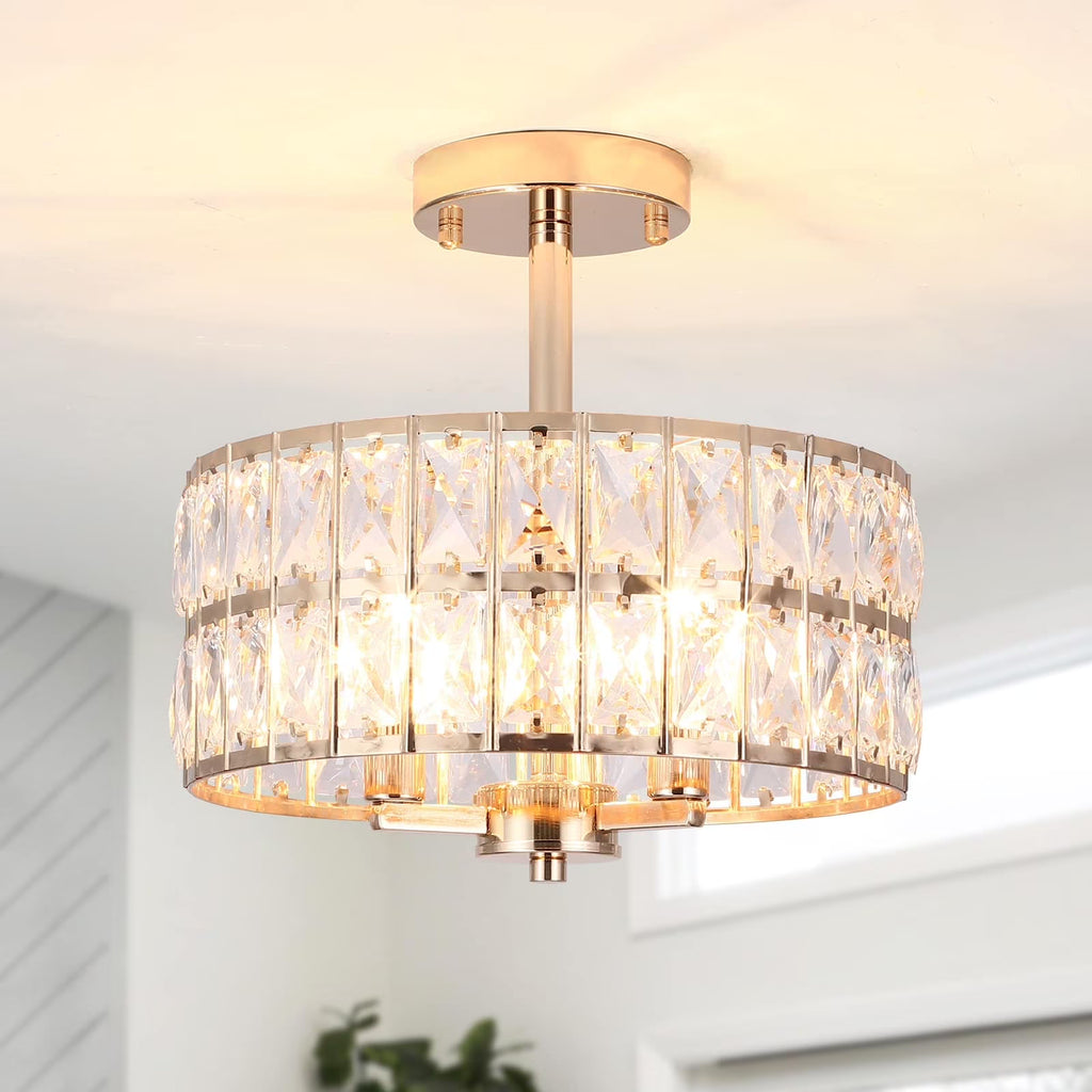3-Light Crystal Semi Flush Mount Lights for Living Room Hallway French Gold