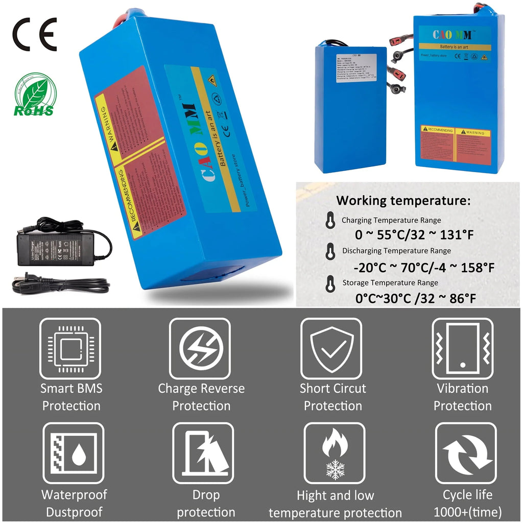 36V 10Ah Lithium Battery 30A BMS Battery with Charger for 750W Electirc Tricycle Bike