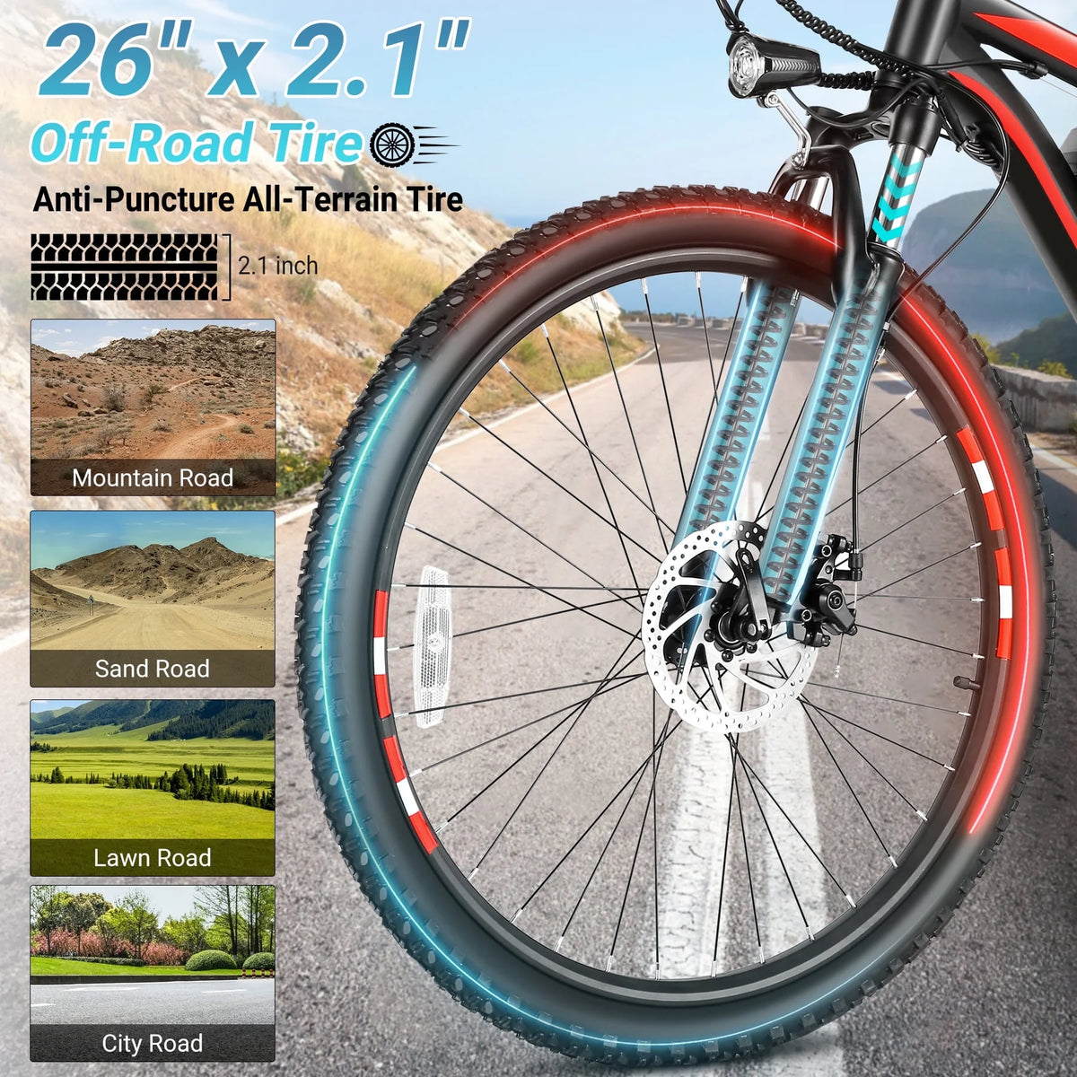 Gocio 26" Electric Bike for Adults, 500W Electric Mountain Bike, 48V 7.8Ah Removable Battery, Ebike with Front Fork Suspension, 21 Speed, UL 2849