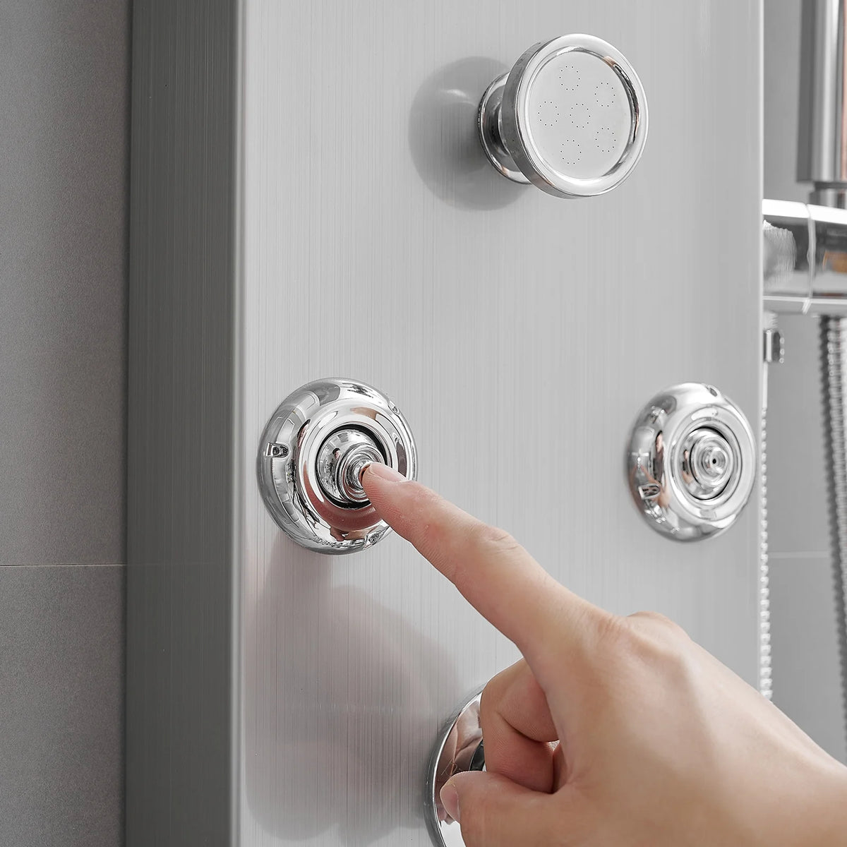 8-Jet Rainfall Shower Panel System with Rainfall Waterfall Shower Head and Shower Wand in chrome Nickel