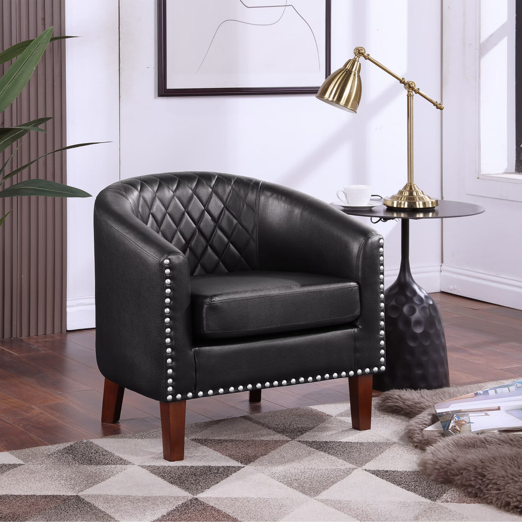 Barrel Accent Chair for living room, modern Leather Club Barrel Chair comfy Reading Armchair for Bedroom, Brown