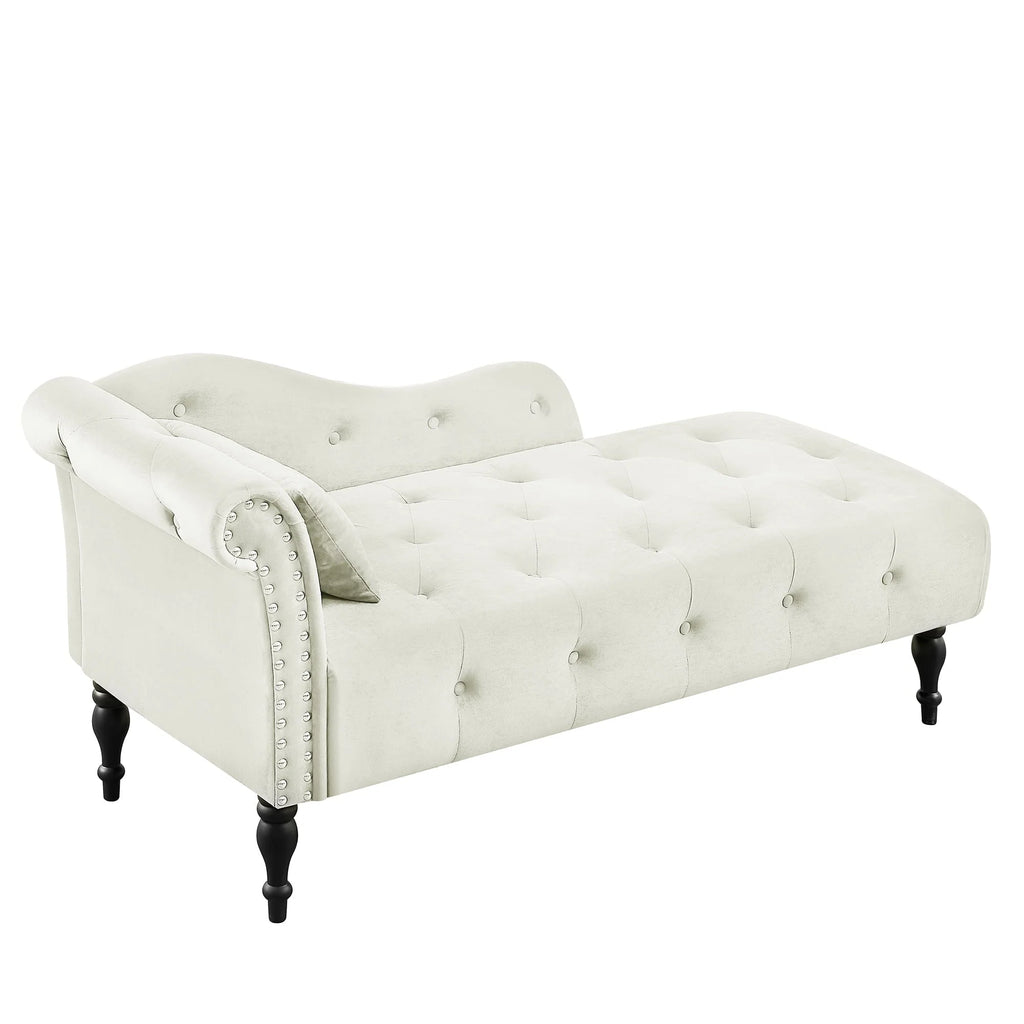 HUTWIFE Velvet Chaise Lounge, Left Arm Design Chaise with Nailhead Trim Tufted Button Lounge Chair with Pillow Modern Upholstered Rolled Arm Lounges Chair for Living Room Bedroom