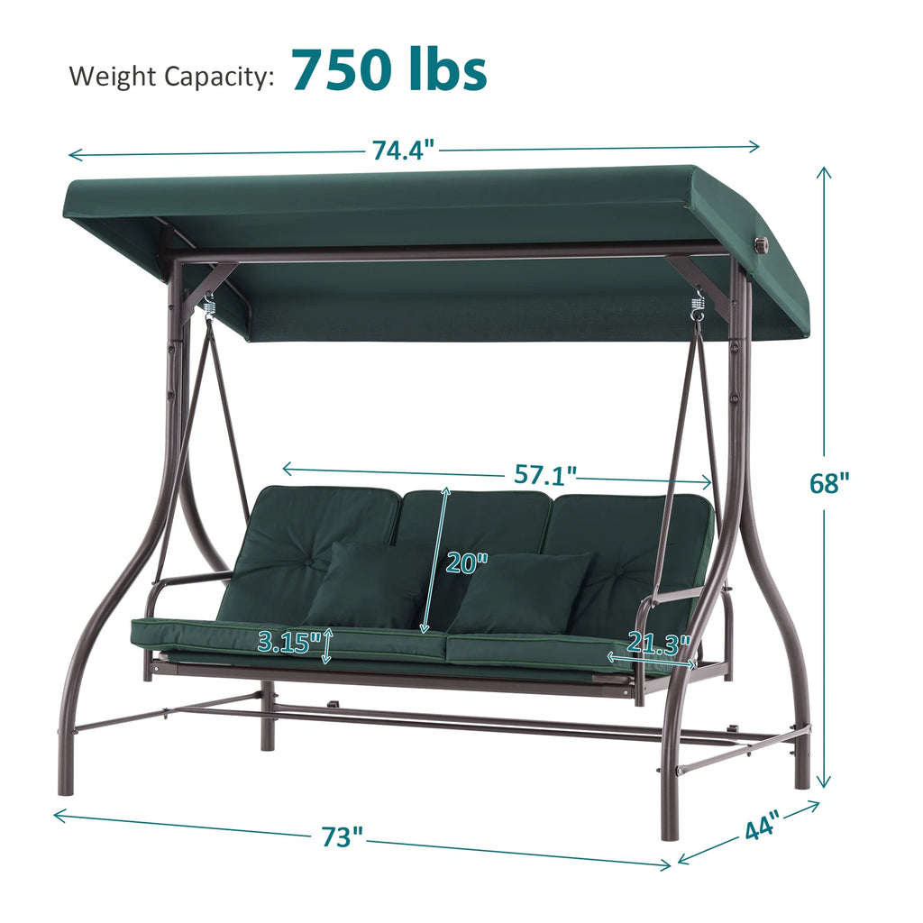 MCombo 3-Seat Outdoor Patio Swing Chair Cushioned with Adjustable Backrest and Canopy, Pillow, Brown