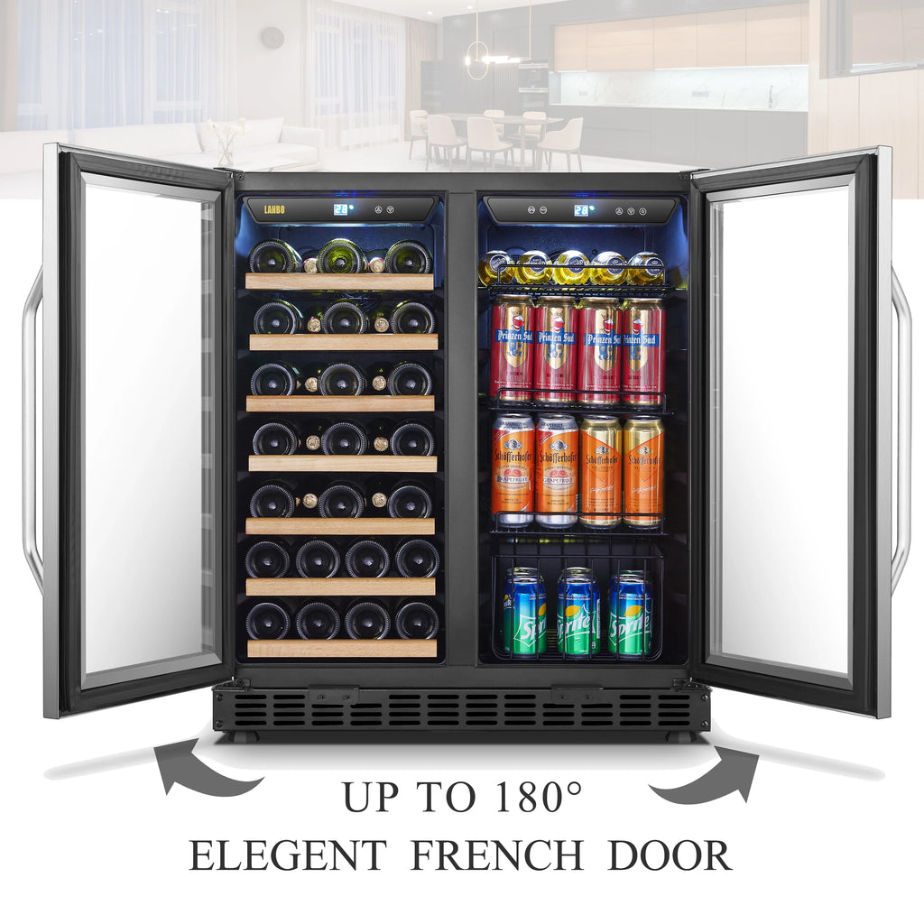Lanbo 76 Can 31 Bottle Under Counter Dual Zone Wine Refrigerator and Beverage Cooler 30 inch Width