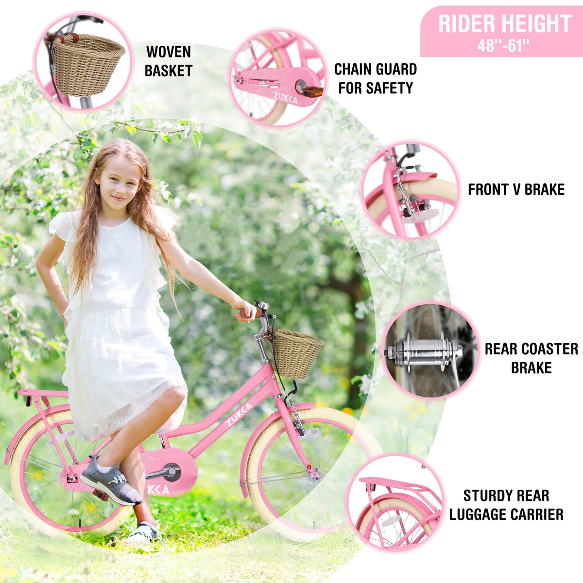 20" Kids Bike Girls Bike with Basket Single Speed Steel Frame Children Bicycle for 7-10 Years, Pink
