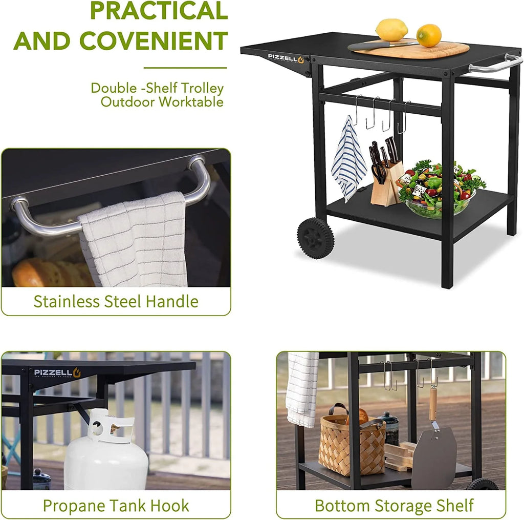 Pizzello Outdoor Grill Pizza Oven Food Prep Bbq Cart Stand Table with Storage Wheels Expandable Countertop, Black