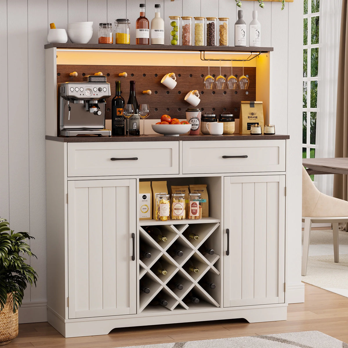 LAFGUR 72" Kitchen Storage Cabinet with Power Outlet & LED Light, Coffee Bar Cabinet with Drawers & Wine Glass Rack,Sideboard for Home,White