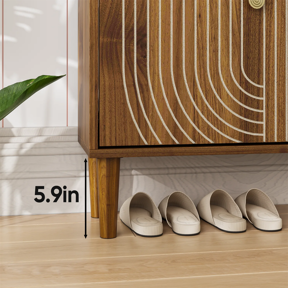 Hommoo 2 Flip Drawers Shoe Storage Cabinet, Freestanding Shoe Cabinet with Metal Handles & line groove design, Shoe Rack Cabinet, Walnut