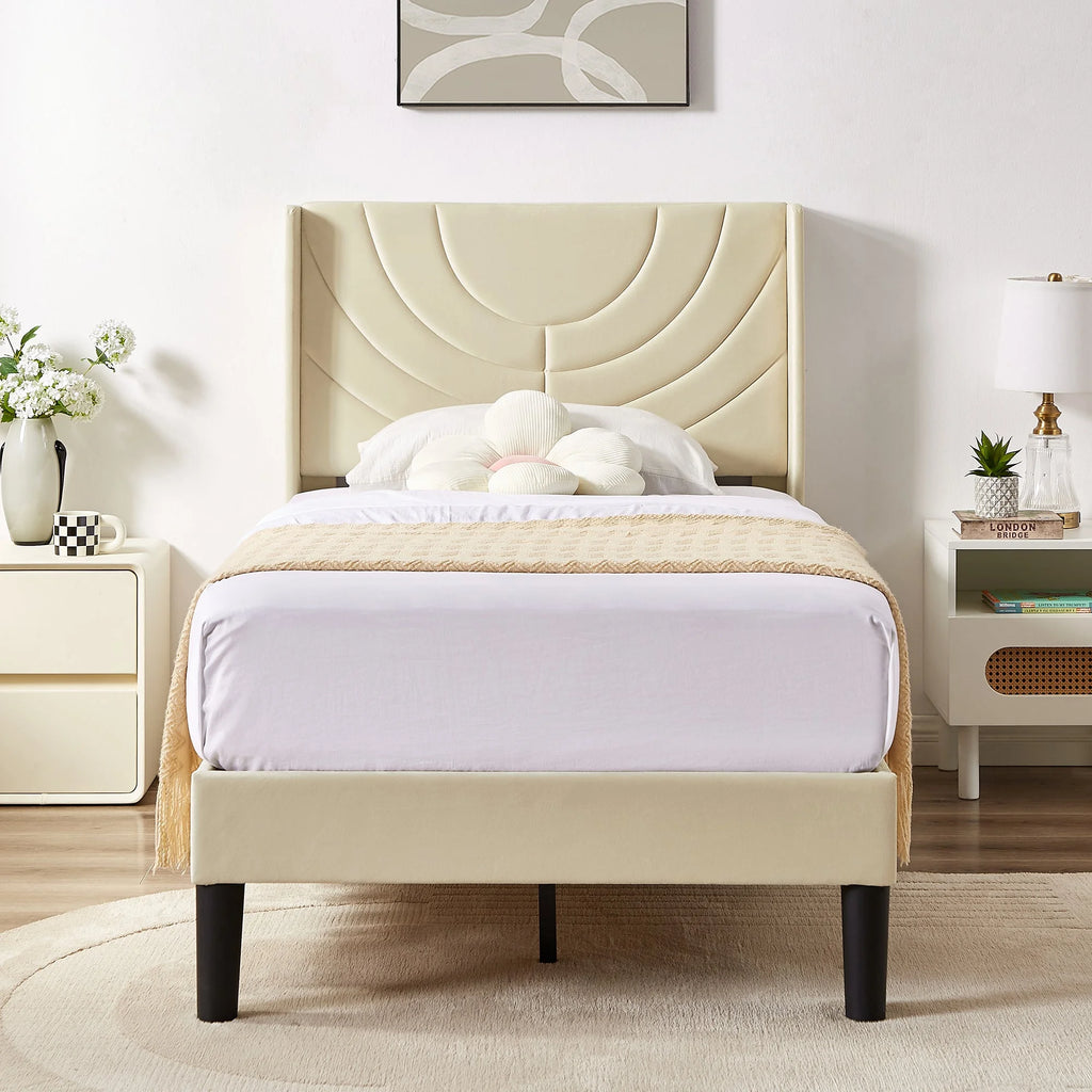 VECELO Set of 2 Twin Bed Frames, Modern Upholstered Platform Bed Frame with Tufted Headboard, No Box Spring Needed, Dark Green