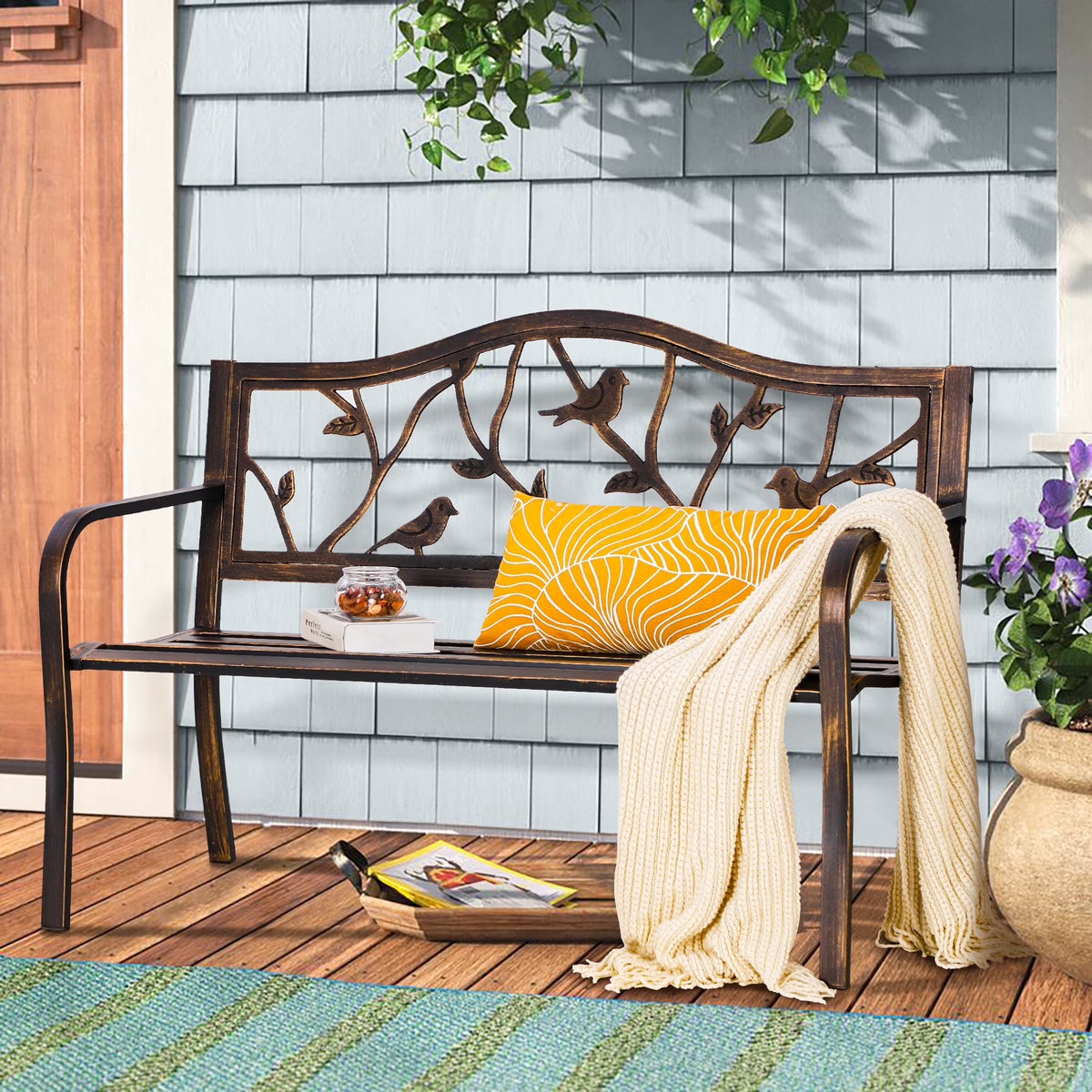 Alpha Joy 50" Outdoor Bench Metal Patio Garden Bench Slatted Seat for Lawn, Park, Porch, Backyard, Deck- Bronze