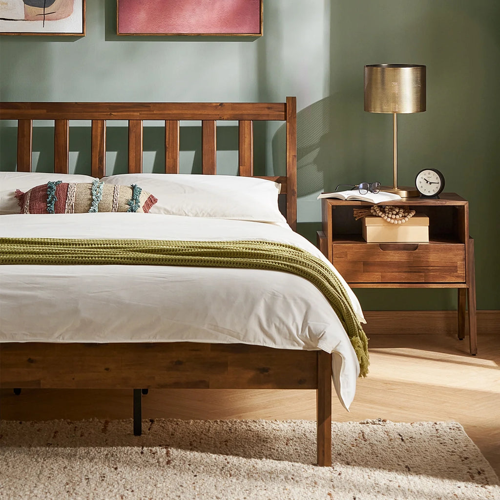 Mopio Ted Queen Bed Frame with Headboard, Full Size Bed Frame, Mid Century Modern Acacia Solid Wood Platform Bed Frame, Wooden Bed Slats, No Box Spring Needed, Double Metal Bar Support, Walnut