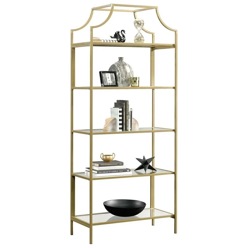 Pemberly Row 5-Shelf Modern Metal Bookcase in Gold Satin/Faux Deco Stone