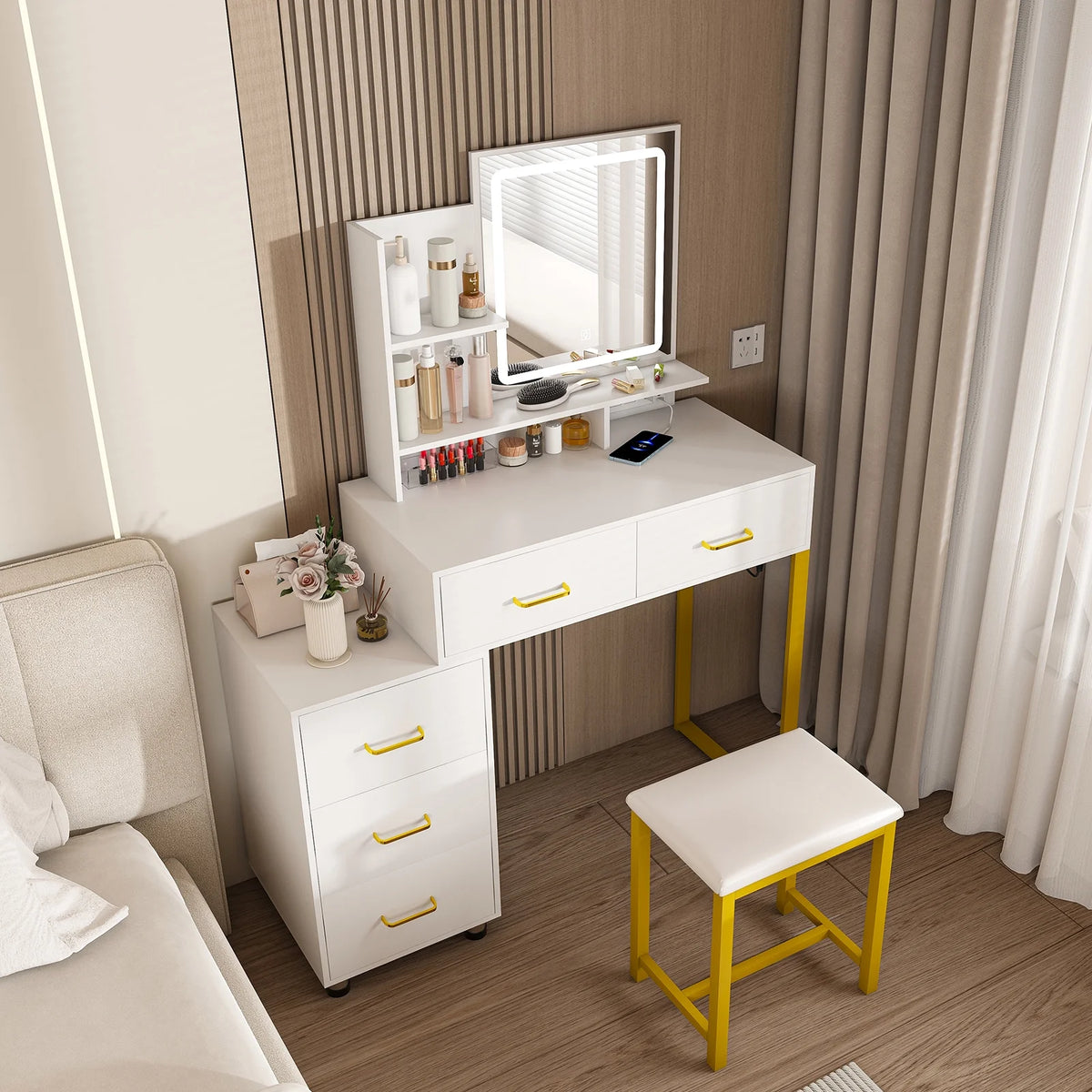 Montary Modern Mini Vanity w/Adjustable LED Mirror + Hidden Storage, Padded Stool & Dustproof Shelves (White)