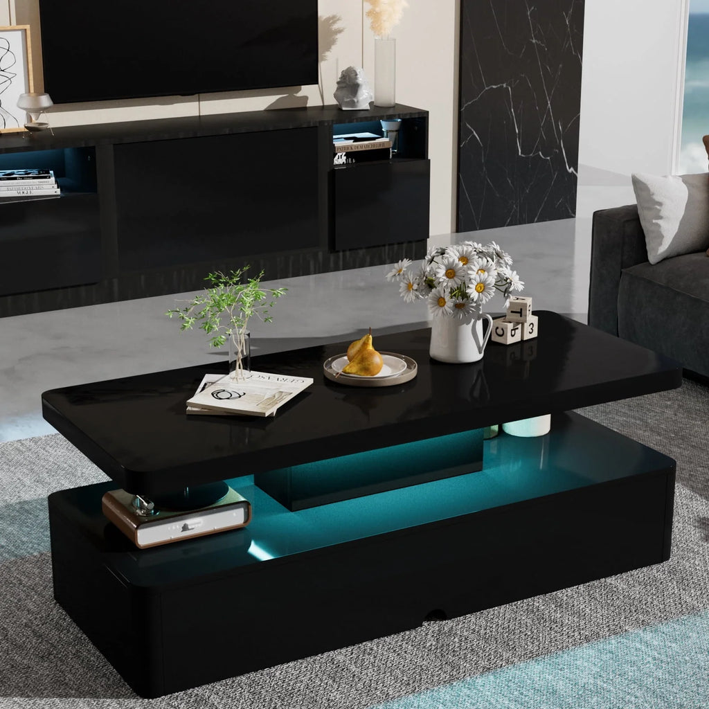 Oneinmil Modern Stylish Coffee Table with 12 Colors LED Lights, Double-Layer Design for Living Room, Black High Gloss Acrylic