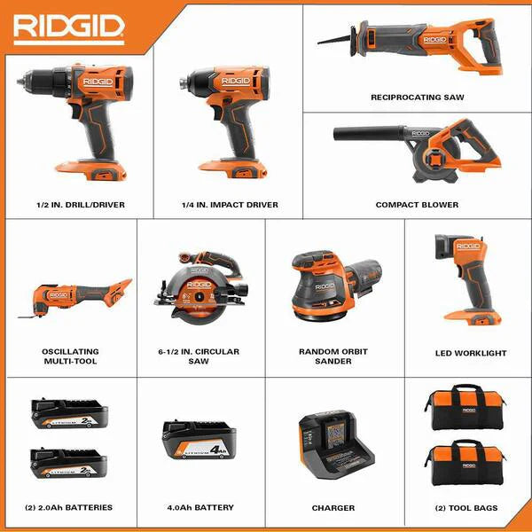 18V Cordless 8-Tool Combo Kit with (3) Batteries, Charger, and Bag with 18V Hand Vacuum